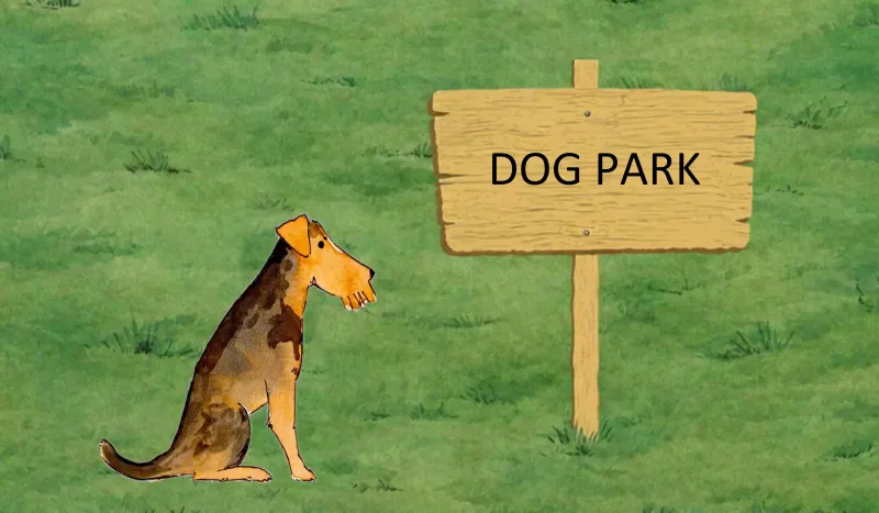 A watercolor Welsh Terrier sitting on the grass beside a wooden DOG PARK sign