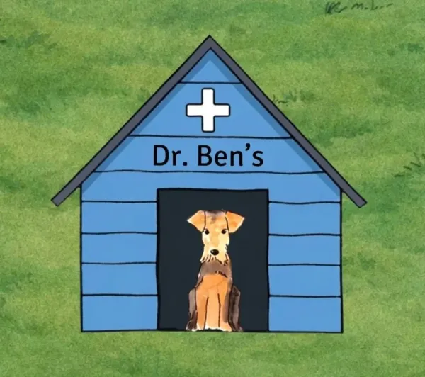 Dr. Ben's blue dog clinic with a terrier in the doorway