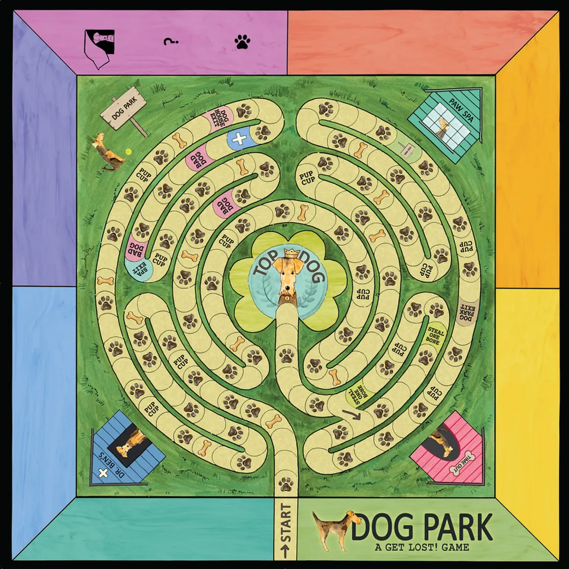 The Dog Park game board: a winding labyrinth path on green grass leading to the TOP DOG circle